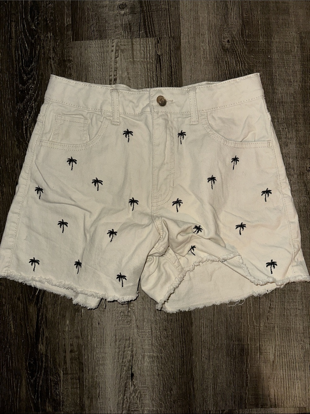 White Palm-Embroidered Kids Denim Shorts